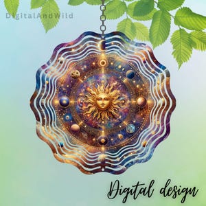 Celestial Sun and Planets Wind Spinner Design - Cosmic Astrology Mandala Sublimation PNG - Spiritual Sun Catcher Garden Art Clipart