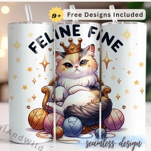 Cute Cat Tumbler Wrap - 20oz Skinny Tumbler Designs - Digital Download - Cat Lover Gift - Feline Fine PNG - Instant Digital Download