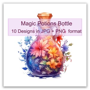 Watercolor Magic Potions Bottle Clipart: 10 JPGs & PNGs (Digital Download)