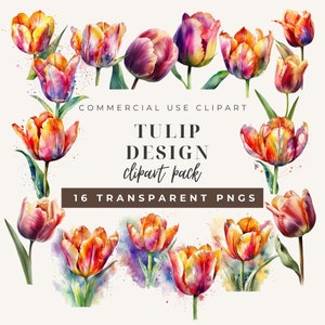 Watercolor Tulip Digital Clipart Bundle - Set of Spring Flowers PNGs, Floral Clip Arts, Printable Wall Art, Commercial Use