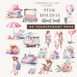 Travel Acuarela Clipart Pink Girly Pack / Traveler Girl Clipart / Descarga digital / Itinerario de viaje Impresiones de arte / Uso comercial