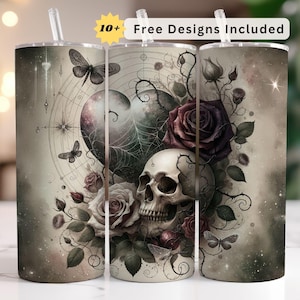 Dark Romantic Skull & Roses Tumbler Wrap, Gothic Skull 20 oz Skinny Straight Sublimation Design, Spooky Skeleton PNG Digital Download
