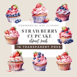 Strawberry Cupcake Designs, Digital Clipart Pack, Instant Digital Download, Printables, Commercial Use, Transparent Background