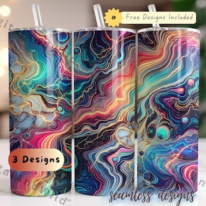 Rainbow Tumbler Wrap Marble Neon Colors and Gold Glitter 20oz Tumbler Sublimation Design PNG, Alcohol Ink Tumbler PNG File