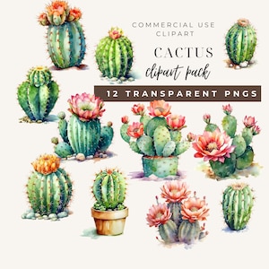 Woestijncactus aquarel clipartbundel, cactussen graphics in png- en jpg-indelingen, digitale westerse illustraties voor commercieel gebruik
