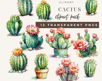 Watercolor Cactus Clipart Bundle: Desert Cacti PNG & JPG (Digital Download)