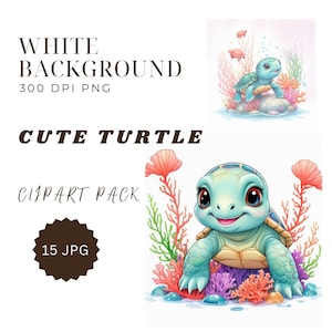 Cute Turtle Clipart Bundle, Cute Under the Sea Creatures, Baby Turtle Image, Instant Digital Download White Background, Commercial use