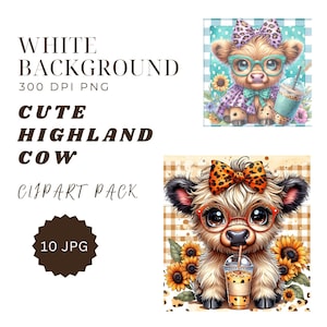Diseño de sublimación de posavasos de vaca de las tierras altas con café helado, alfombrilla de ratón PNG, archivo de sublimación de vaca bebé con café de girasol, descarga digital