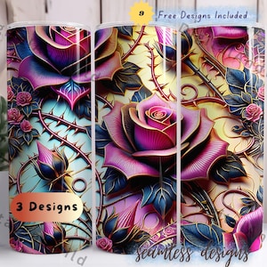 3D Roses Tumbler Wrap, 20 oz Skinny Tumbler Sublimation Design, Seamless Flowers Tumbler Wrap, Instant Download PNG Floral Design, Neon Rose