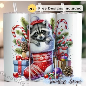 Cute Christmas Raccoon - Funny Tumbler Wrap Design PNG, Festive Racoon Sublimation Design, 20oz Tumbler Wrap, Digital Download