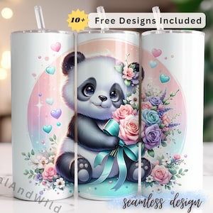 Cute Panda Tumbler Wrap - Digital Download for 20oz Skinny Tumblers - Floral Sublimation Design for Animal Lovers