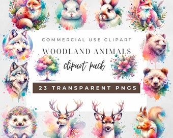Imágenes prediseñadas de animales del bosque en formato PNG, paquete de 23 animales del bosque en acuarela, zorro, oso, ciervo, erizo, descarga digital para uso comercial.