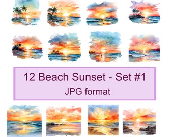 Beach Sunset Images - Watercolor Digital Images | 12 High Quality JPGs,  Instant Digital Download |  Digital poster | Wall Art - Set #1