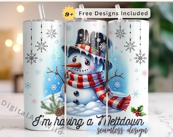 May include: A white tumbler with a snowman design and the text "I'm having a meltdown" and "seamless design". The snowman is wearing a red and white scarf and hat. The background is blue with snowflakes.