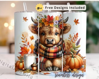 Highland vache gobelet Wrap PNG, 20 oz gobelet skinny Sublimation Design, téléchargement numérique vache automne, automne floral vache Wrap
