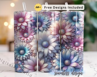 Op de afbeelding: Drie roestvrijstalen tumblers met een naadloos ontwerp met een bloemenpatroon van roze, blauwe en witte bloemen met iriserende accenten. De tumblers zijn elk 20 ounce.