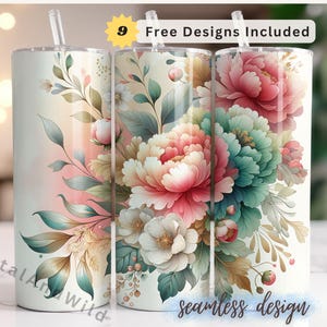 Flowers Tumbler Wrap Design, 20 oz Skinny Tumbler Sublimation PNG, Seamless Botanical Design, Floral Tumbler Wrap, Instant Download PNG