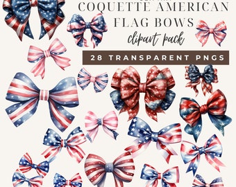 Coquette American Flag Bow Clipart PNG, 28 Patriotic Bows Transparent Background, 4th of July Commercial Use