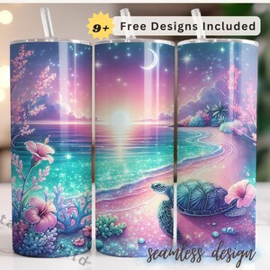 Sea Turtle Hibiscus 20 oz Skinny Tumbler, Tropical Tumbler Wrap, Tumbler Sublimation Design, Turtle Tumbler Design PNG Digital Download