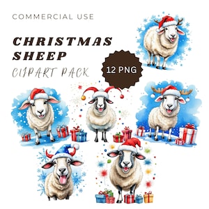 Bundle de cliparts moutons de Noël, aquarelle animaux de la ferme, Images PNG de haute qualité téléchargement numérique instantané, voeux saisonniers, usage Commercial