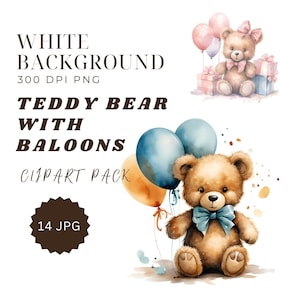 Lindo paquete de imágenes prediseñadas de osito de peluche con globos: adorable diseño de guardería, tarjetas imprimibles, imágenes prediseñadas de osito de peluche de cumpleaños, uso comercial