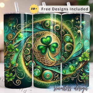 St Patrick&#39;s Day Tumbler Wrap, Lucky Clover 20oz Skinny Sublimation Design, Irish Clover Tumbler Spring Floral PNG Design #4