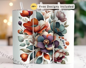 Floral Tumbler Wrap – Retro Summer Flowers, 20oz Skinny Tumbler (Digital Download)