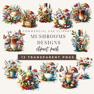 Pacote de clipart de cogumelos aquarela - 12 PNGs, conjunto de arte floral, uso comercial, pacote de design digital, design de sublimação, design de impressão de camiseta