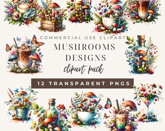 Mushroom Clipart Bundle PNG, 12 Watercolor Floral Mushroom Designs, Commercial Use Transparent Clipart
