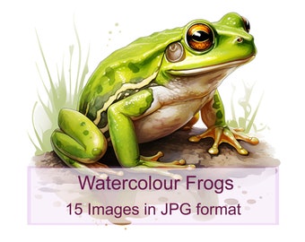 Watercolor Frog Clipart JPG, 15 Frog Images Commercial Use, Frog Digital Download, Cute Frog Clipart Pack