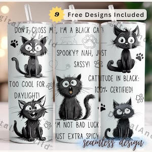 おもしろい黒猫タンブラーラップ - 20オンス スキニータンブラーラップデザイン - 昇華猫デザイン - 黒猫好きへのギフト - インスタントデジタルダウンロード