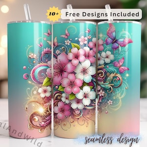 Cherry Blossom Tumbler Wrap - 20 oz Skinny Floral Design - Sublimation PNG Digital Download