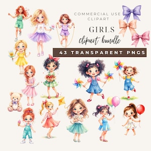 Clipartbundel aquarel meisjes: 43 png-illustraties (digitale download, commercieel gebruik OK)
