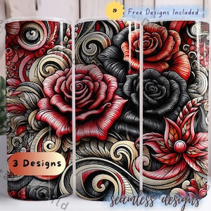 Rose Tumbler Wrap, 20 oz Skinny Tumbler Sublimation Design, Seamless Flowers Tumbler Wrap, Instant Download PNG Floral Design, Black Rose