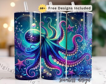 Octopus Tumbler Wrap PNG, 20oz Skinny Sublimation Design, Ocean Sea Life Digital Download, Craft File