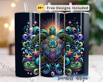 Sea Turtle 20oz Tumbler Wrap PNG, Ocean Mandala Sublimation Design, Skinny Tumbler Boho Beach