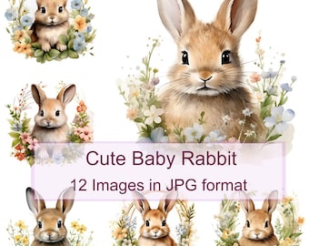 Baby Rabbit Clipart JPG, 12 Floral Bunny Images Commercial Use, Watercolor Rabbit Digital Download, Cute Bunny Clipart Pack