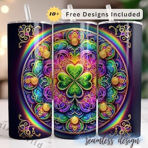 St Patrick&#39;s Day Tumbler Wrap, 20oz Skinny Sublimation Design, Irish Clover Tumbler - Neon Rainbow Design #9
