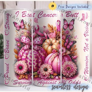 Awareness Breast Cancer Survivor Tumbler Wrap 20 oz Skinny Tumbler Sublimation Design Digital Download PNG Instant, Pink Pumpkin Ribbon