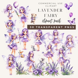 Pacote de clipart de fada lavanda, PNGs de pacote de fada roxa, clipart de primavera de fada floral, artes de clipe de festa de fada, uso comercial