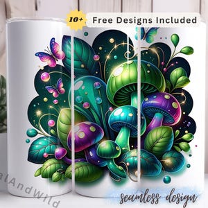 Fantasy Mushrooms 20 oz Skinny Tumbler Wrap - Neon Look - Digital Download - Sublimation Design - 3D Effect PNG