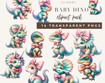 Baby dinosaurie clipart PNG, Girly Dino akvarell kommersiell användning, rosa rosett Dino digital nedladdning, söt dinosaurie clipart pack