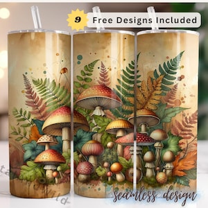 Mushrooms Tumbler Wrap - 20oz Tumbler wrap, Vintage Mushrooms Sublimation template, Forest Mushrooms Tumbler Wrap, Straight tumbler png