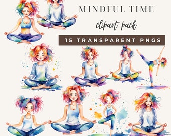 Paquete de imágenes prediseñadas PNG de yoga, 15 chicas meditando en acuarela con fondo transparente, uso comercial y atención plena.