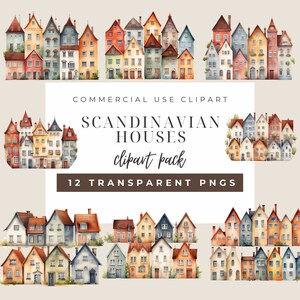 12 maisons scandinaves, lot de 12 cliparts, téléchargement numérique, fabrication de cartes, techniques mixtes, créations numériques en papier, journaux indésirables