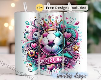 Soccer Queen Tumbler Wrap: 20 oz Skinny Sublimation Design (Digital Download)