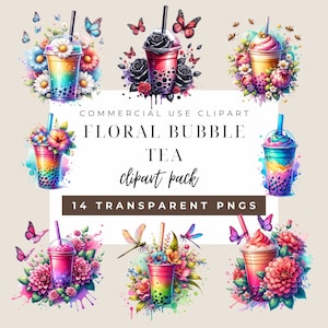 Diseños digitales de té de burbujas florales, paquete de imágenes prediseñadas digitales, conjunto de imágenes prediseñadas para amantes del té de flores de acuarela, imagen de uso comercial