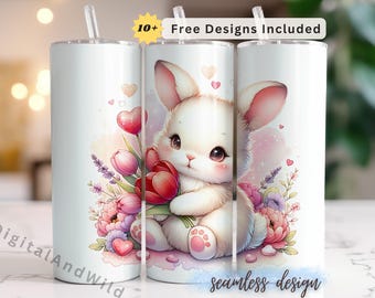 Bunny Tumbler Wrap PNG, Cute Easter Floral 20oz Sublimation Design, Rabbit Lover Gift, Digital Download