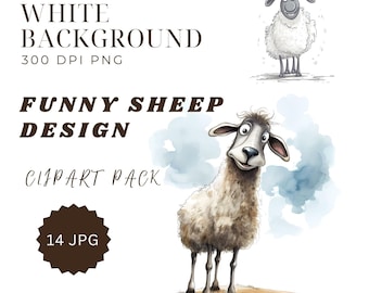 Funny Sheep Clipart Bundle, 14 Watercolor Farm Animal JPG, Whimsical Sheep Digital Images, Printable Farmhouse Art