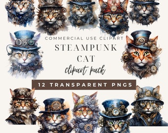 Steampunk Cat Clipart PNG, 12 Watercolor Cat Designs Commercial Use, Fantasy Cat Digital Download, Cat Clipart Pack